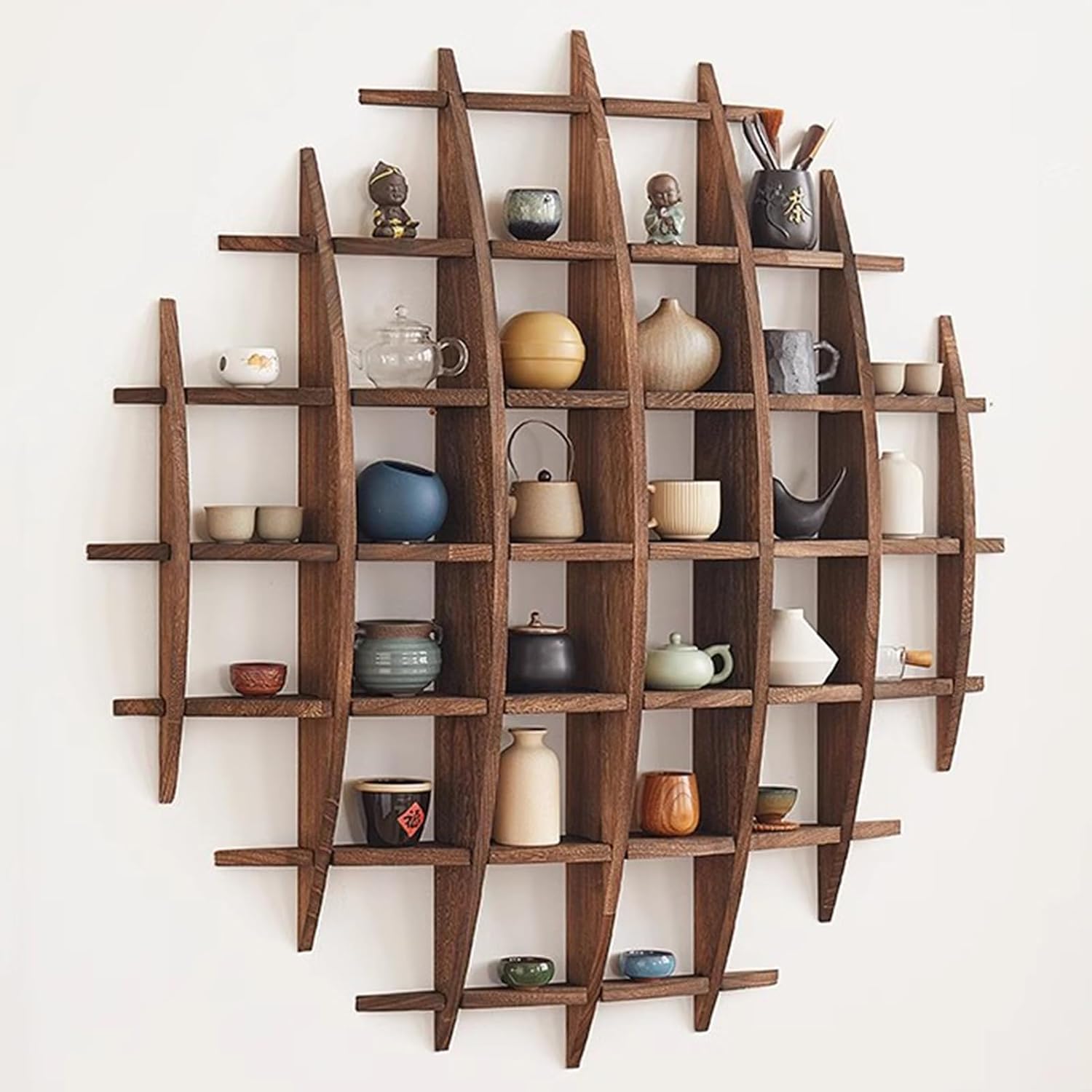 Commercial Kitchen Wall - ที่วางถ้วยชาจีนไม้เนื้อแข็งติดผนัง ชั้นวางกาน้ำชา ตกแต่งผนัง ชั้นวางอุปกรณ์ชงชา สำหรับห้องนั่งเล่น ห้องครัว