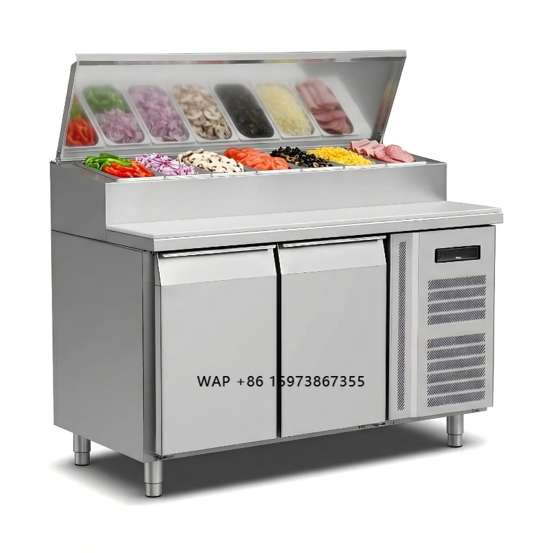 Commercial Kitchen Table - ตู้เย็นเตรียมอาหารแบบ OEM 2 ประตู สแตนเลส สำหรับเตรียมแซนด์วิชและพิซซ่า