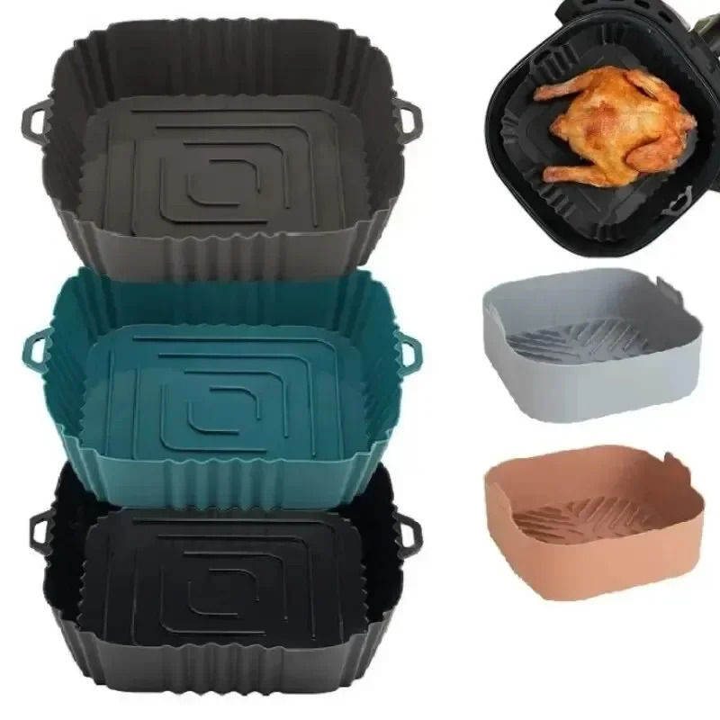 Commercial Kitchen Cooking - ตะกร้าซิลิโคนสำหรับหม้อทอดไร้น้ำมัน 1 ชิ้น, ถาดรองอบทรงกลม/สี่เหลี่ยม ใช้ซ้ำได้ สำหรับพิซซ่า