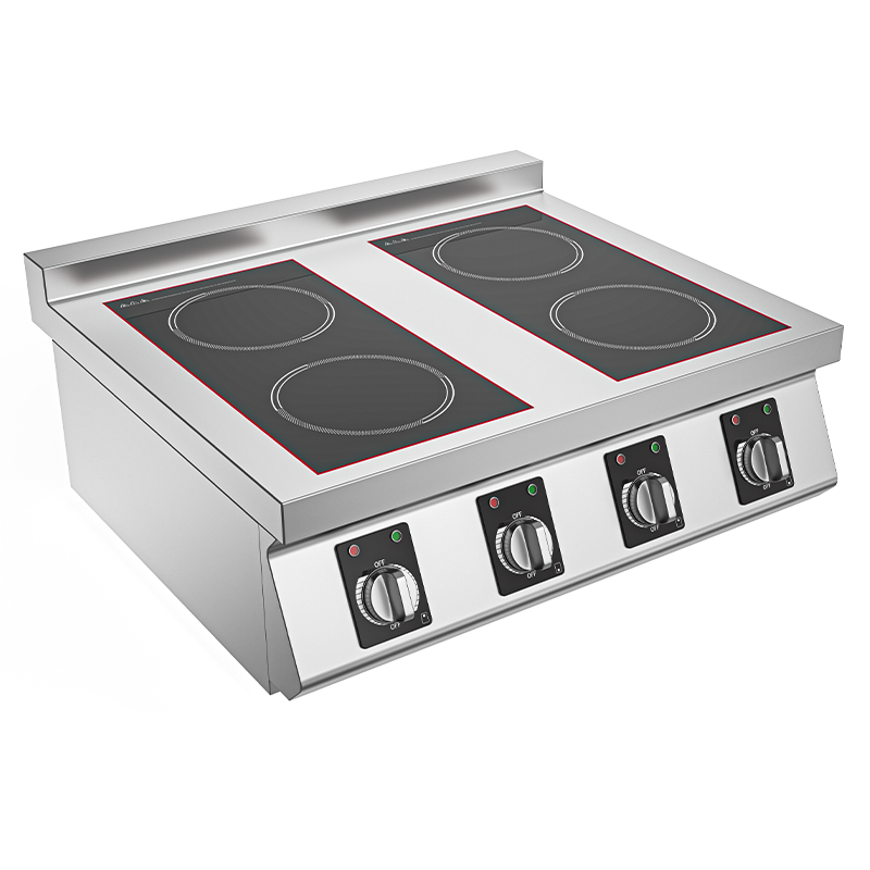 Commercial Kitchen Burner - เตาแม่เหล็กไฟฟ้า 4 หัวเตา สำหรับครัวเชิงพาณิชย์ พร้อมปุ่มควบคุมและไฟแสดงสถานะ สำหรับโรงแรมและร้านอาหาร
