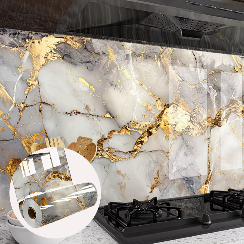 Commercial Kitchen Wall - สติกเกอร์ติดตู้ครัวและสติกเกอร์กันน้ำมัน ลายหินอ่อนสีทอง กันน้ำ ทนต่อคราบสกปรก ติดตั้งง่ายและทำความสะอาดง่าย
